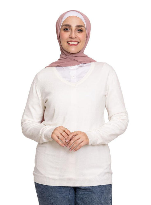 White V - Neck Knit Pullover - Khotwh